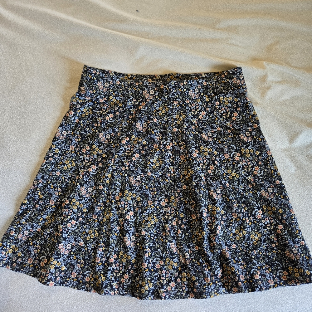 LOFT Navy Floral Skater Skirt with Pink and Yellow Blossoms